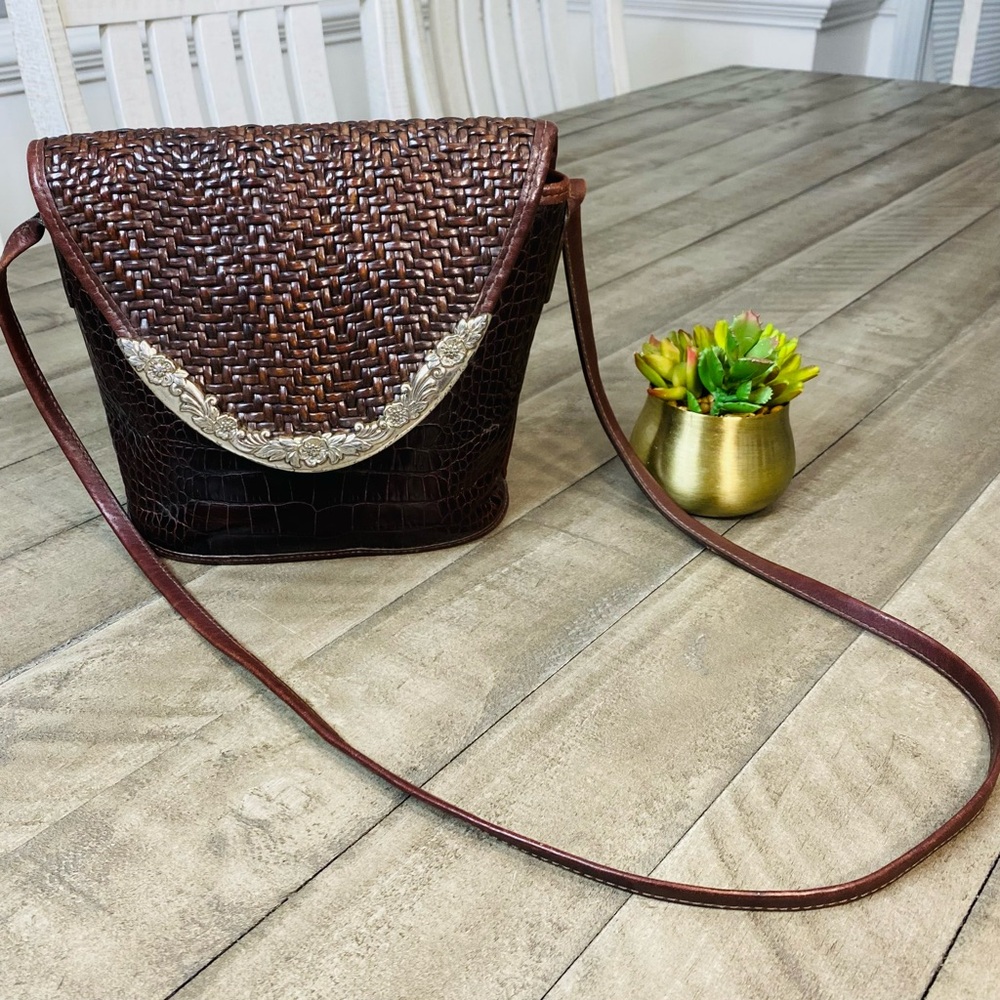 Vintage BRIGHTON Woven Brown Leather Flap Bucket Shoulder Bag